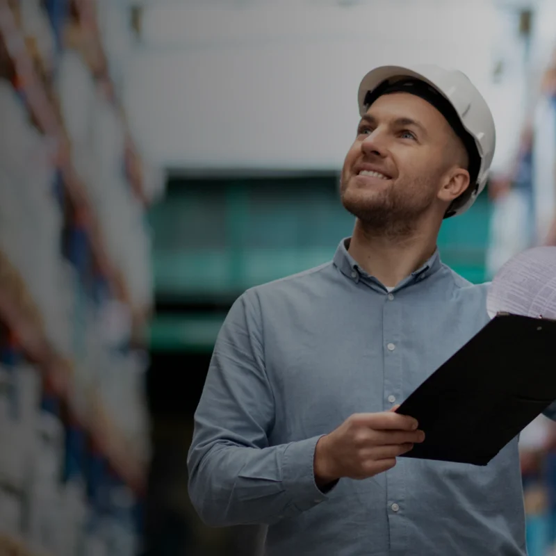 medium shot smiley man warehouse