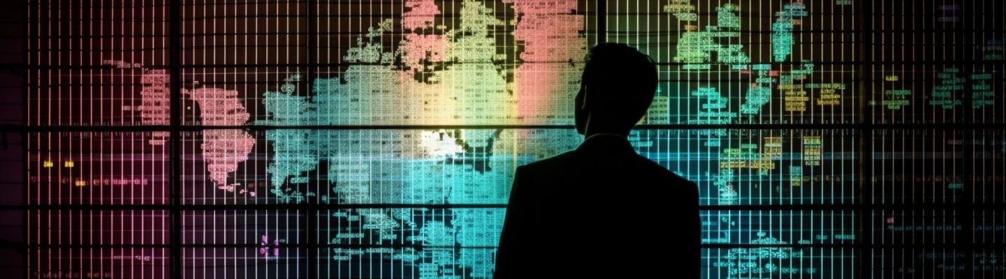 young businessman standing front glowing world map generated by ai